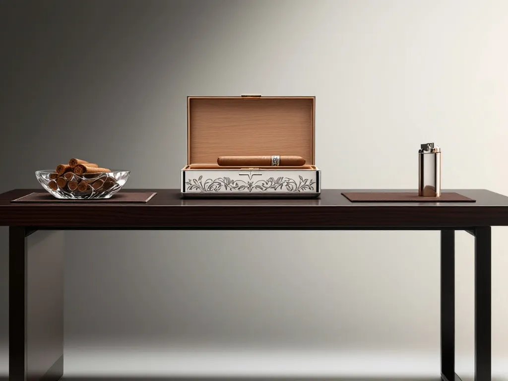 A variety of high quality smoking accessories displayed on a table.