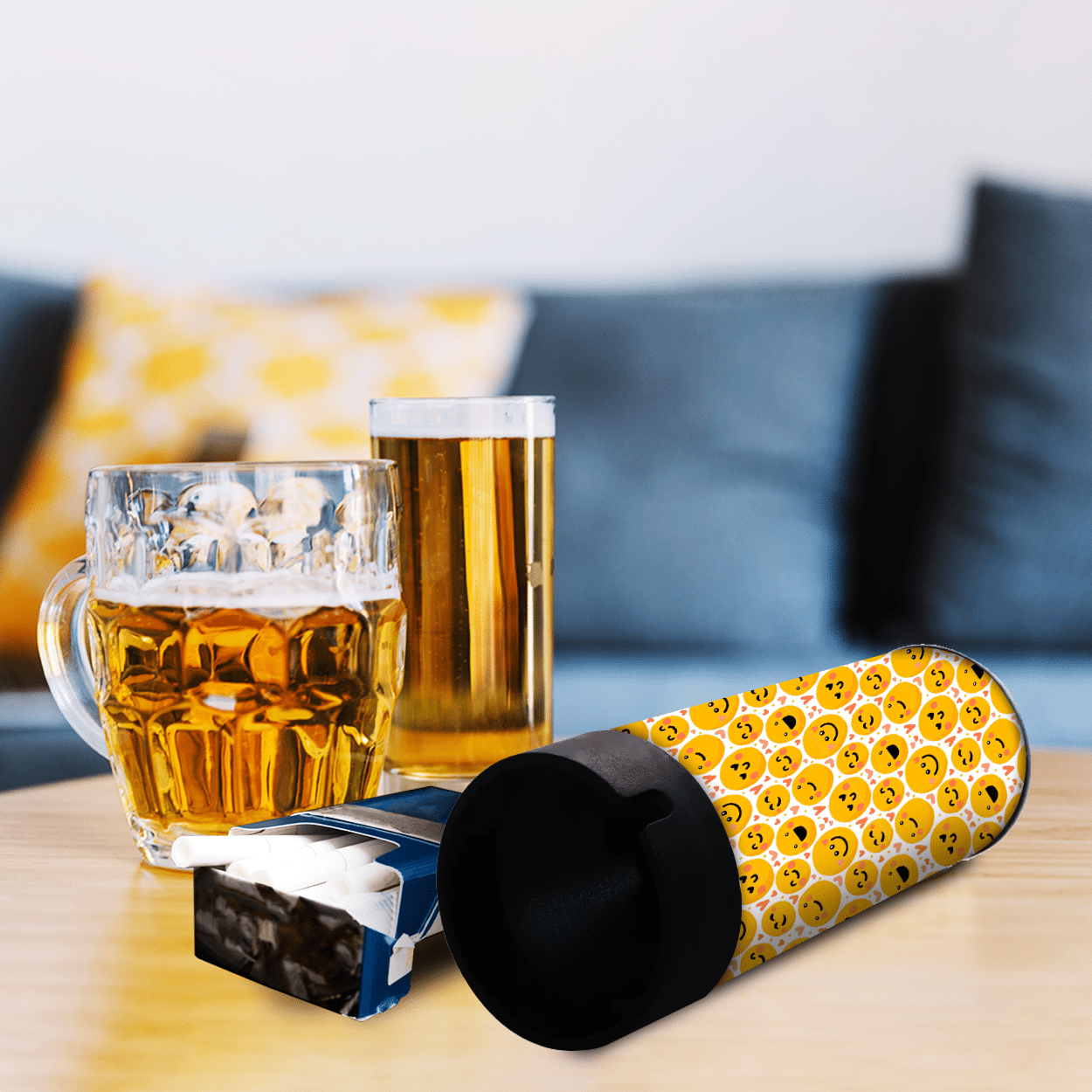 A picture of a round tin ashtray, customized with the keyword custom ashtrays, making it the perfect portable option for smokers.