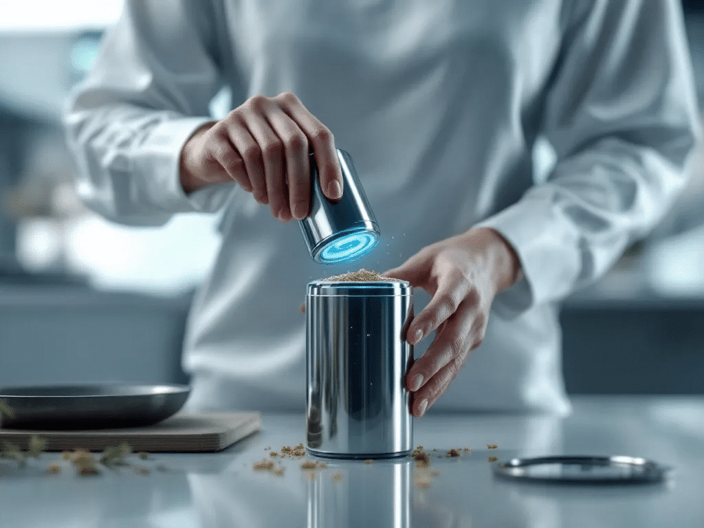 A person using a weed grinder to prepare herbs.