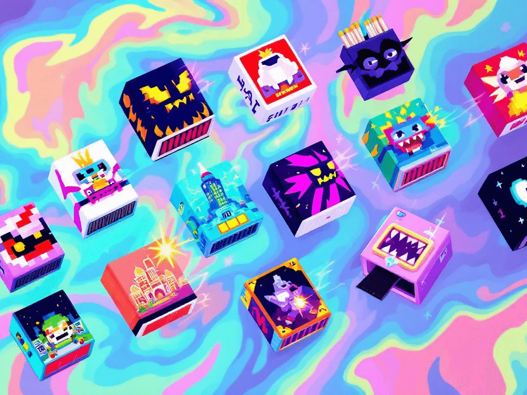 A variety of custom matchboxes displayed together, showcasing different designs and colors.