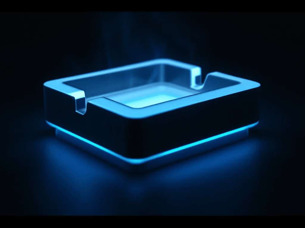 A custom glow-in-the-dark ashtray illuminating in a dark setting.