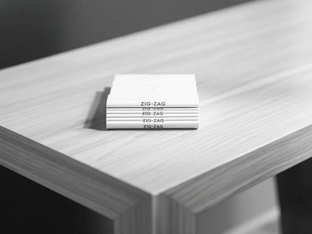 Zig-Zag rolling papers stacked neatly on a table.