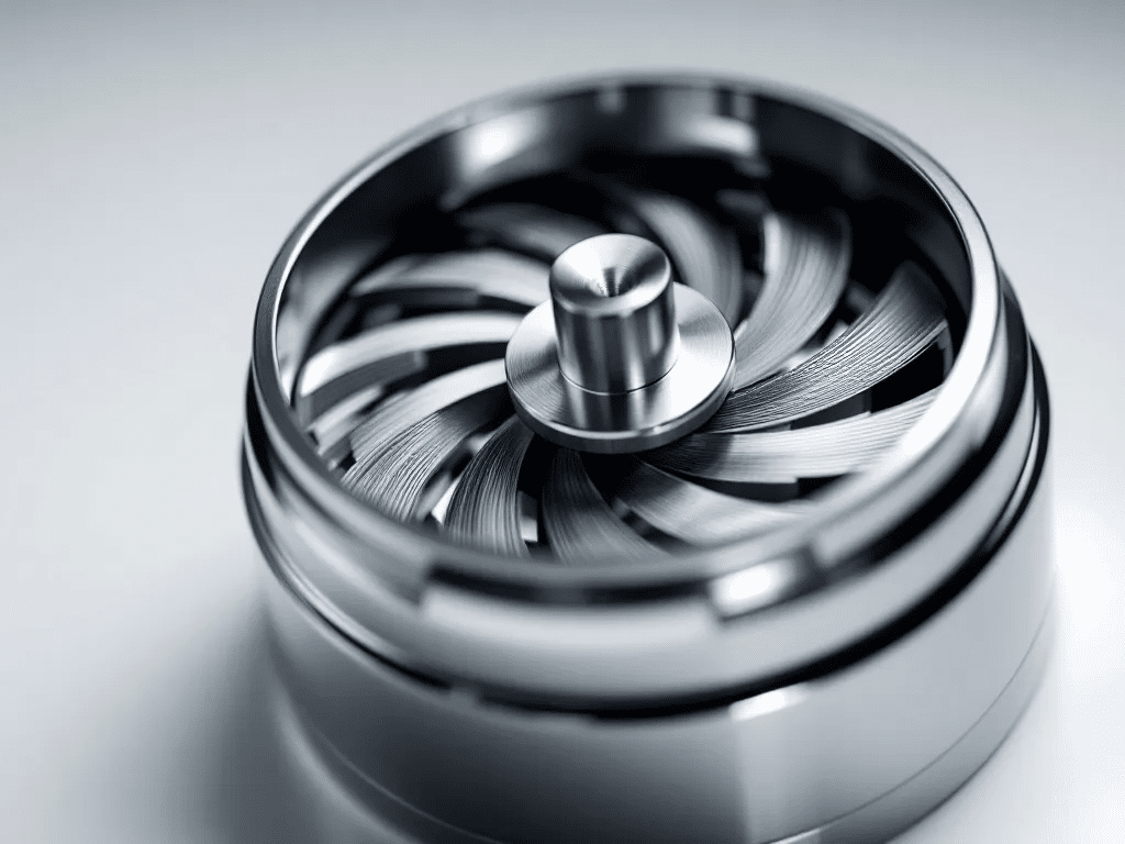 Close-up of a pocket grinder showing its teeth and funnel.