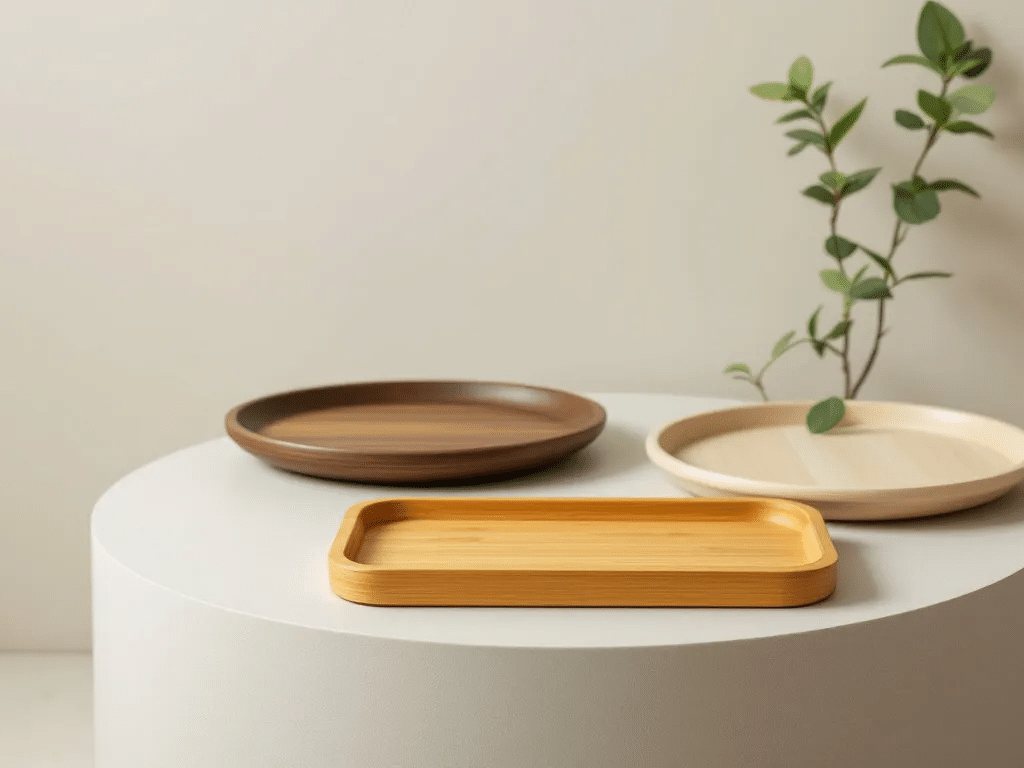 Benefits of bamboo rolling trays illustrated with various trays.