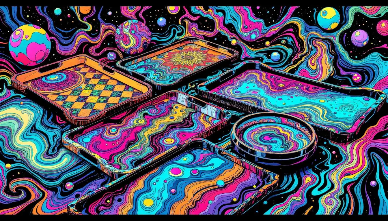 A variety of custom rolling trays displayed together, showcasing different designs and materials.