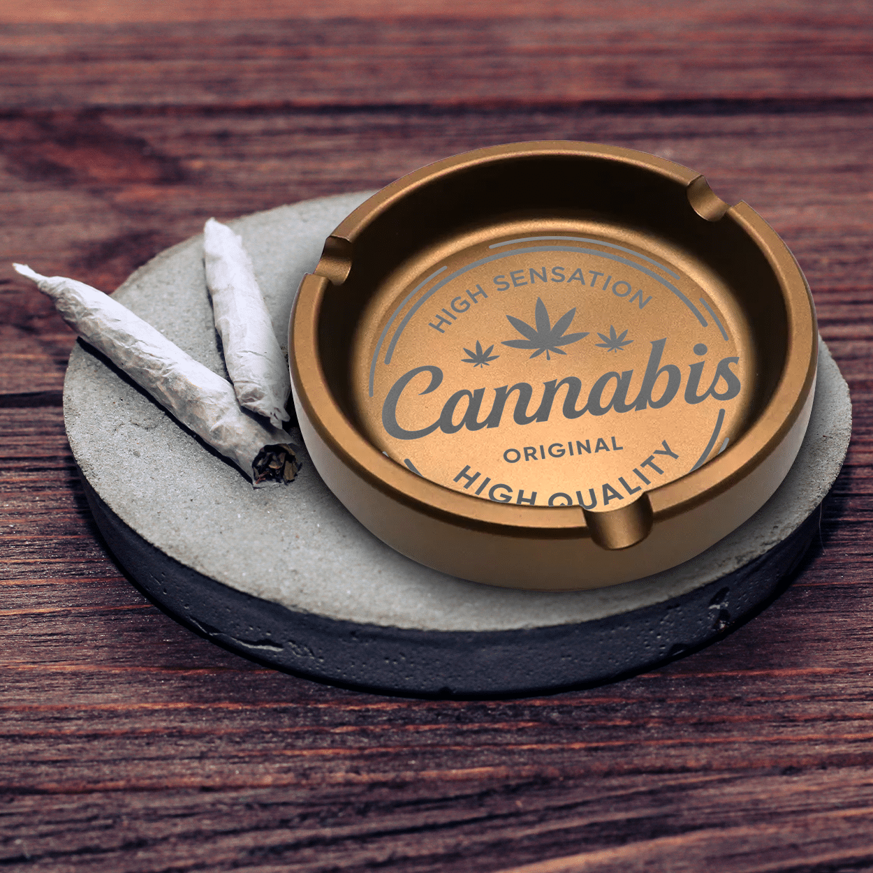 A sleek aluminum ashtray with a custom logo