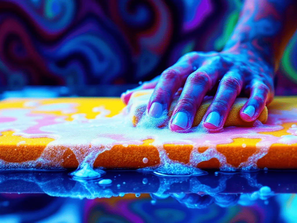 Cleaning a dab mat with soap and water.