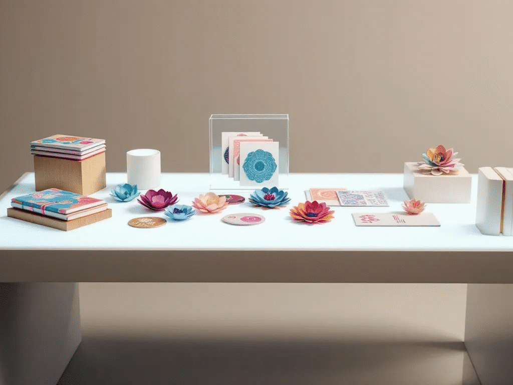 A diverse catalog of custom paper products displayed on a table.