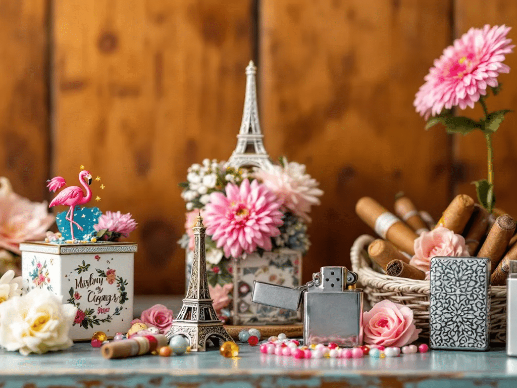 Personalized lighters arranged as gifts for different occasions.