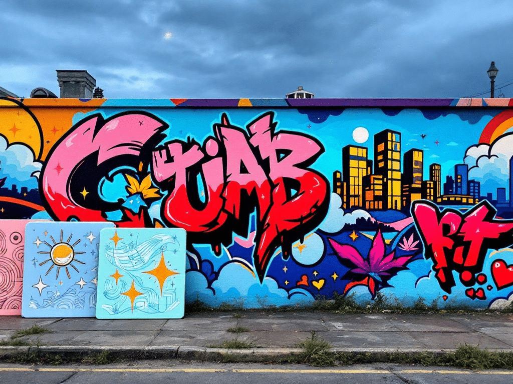 Bold UAB mural featuring vibrant colors, city skyline, and whimsical elements celebrating urban creativity.