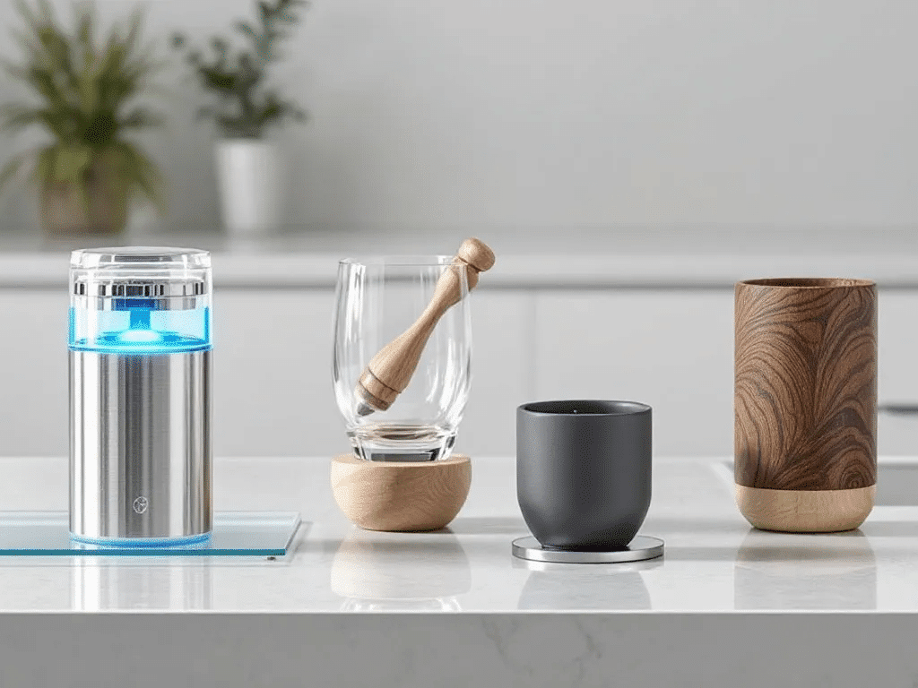 An assortment of dry herb grinders made from different materials.