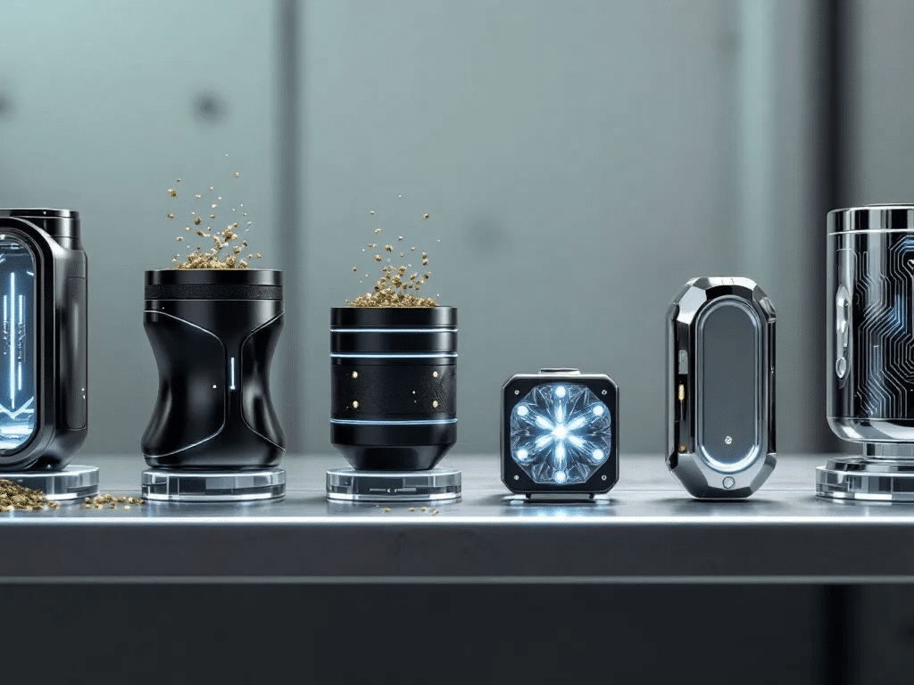 Different types of weed grinders laid out for comparison.