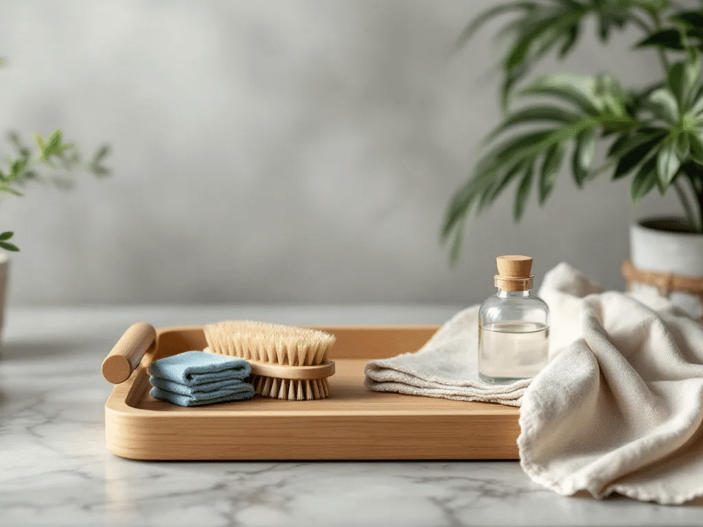 Care tips for bamboo rolling trays with cleaning supplies.