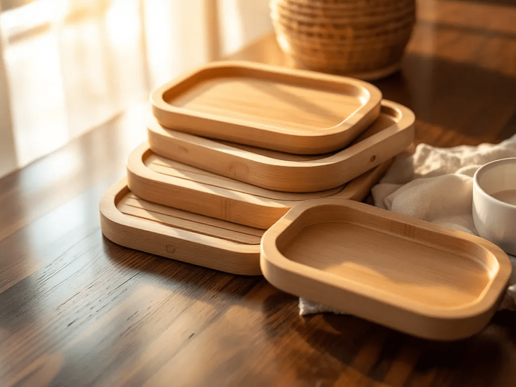 A variety of bamboo rolling trays displayed together.