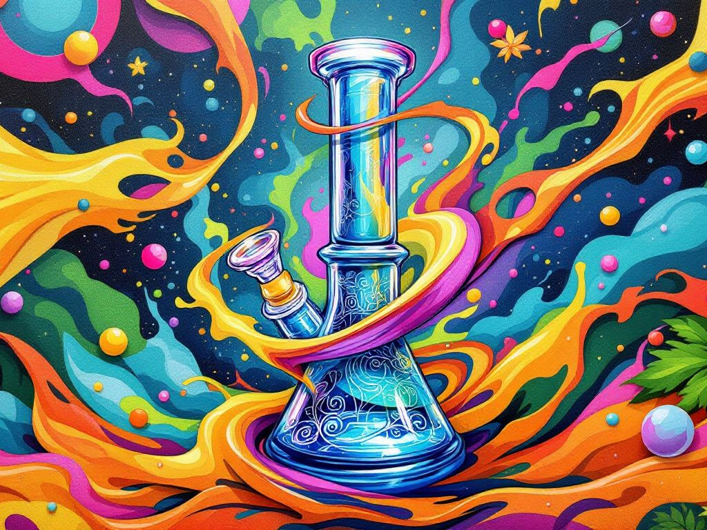 Vibrant glass bong amid a cosmic swirl of colors, reflecting artistic creativity and energy.