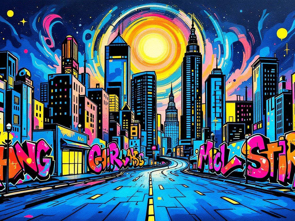 Vibrant neon city skyline with artistic streets and bold graffiti murals under a surreal sunset sky.
