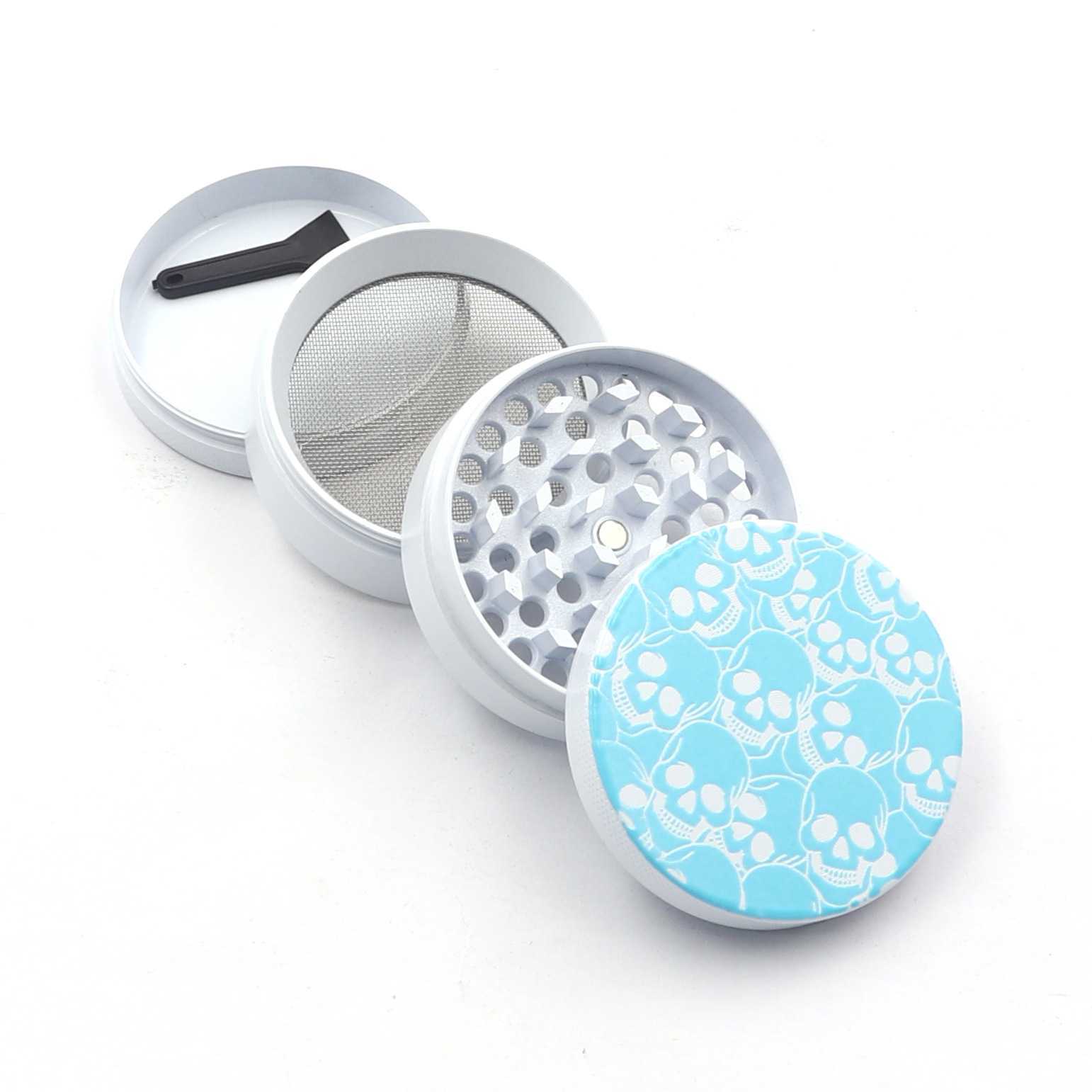 The 4-piece GlowGrind grinder open to show its compartments and kief catcher.