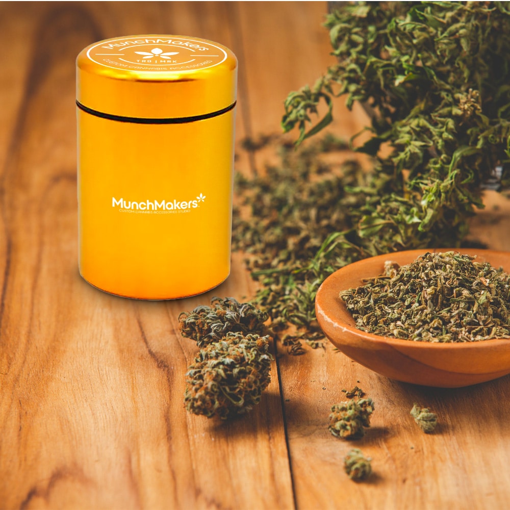 A custom metal stash jar, available in various colors.