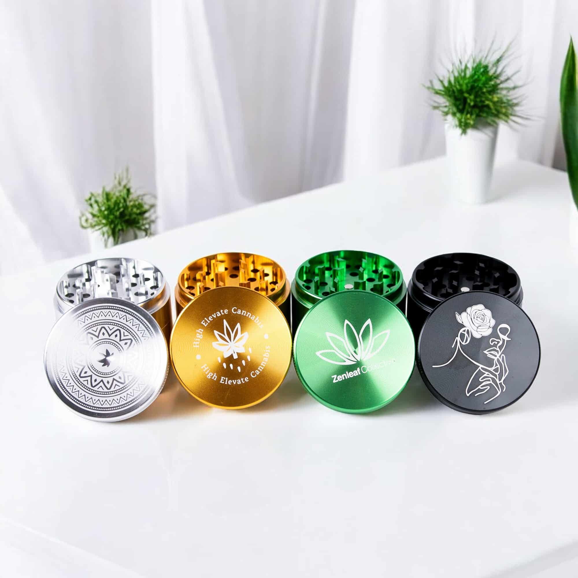 A collection of custom branded grinders, showcasing different designs.