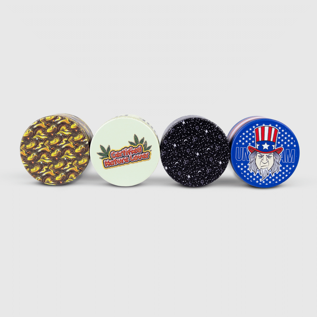 A vibrant, colorful all-over-print grinder showcasing the advanced printing technology.