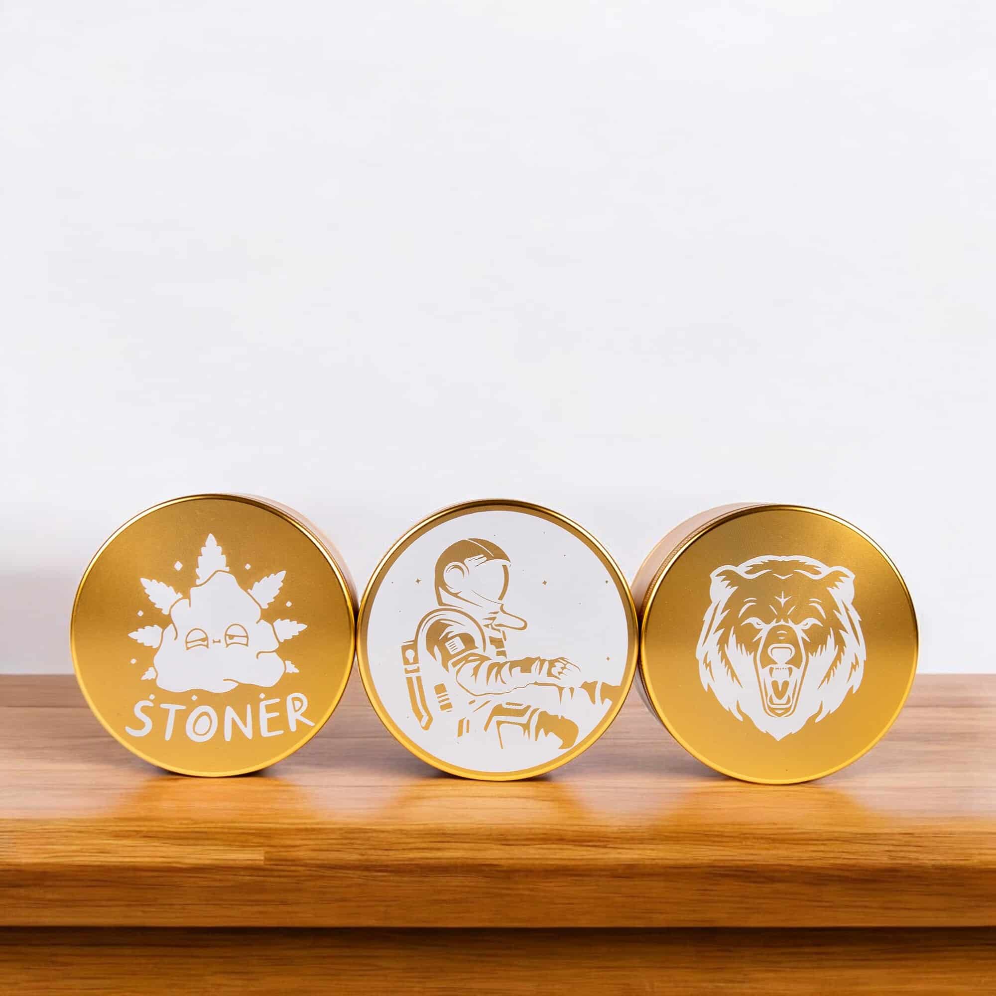 The Gold Rush 4pc Big Custom Grinder shown in a luxurious setting.