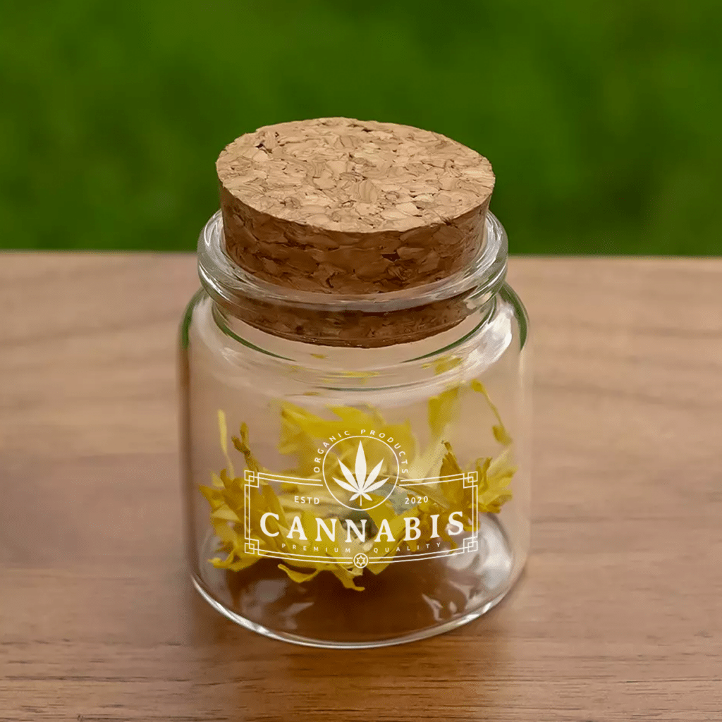 A custom glass stash jar with a printed logo.