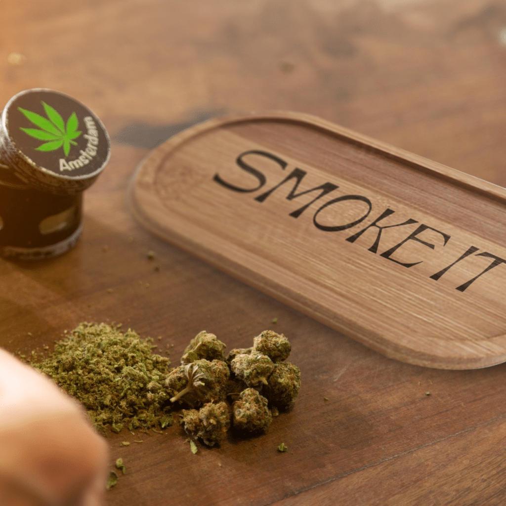 A custom branded mini bamboo oval rolling tray.