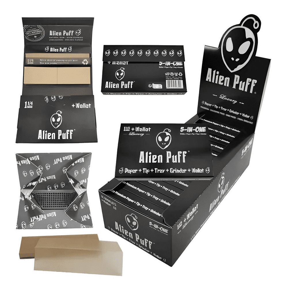 Display box of 5-in-1 Grinder Tray Booklets, perfect for dispensaries.