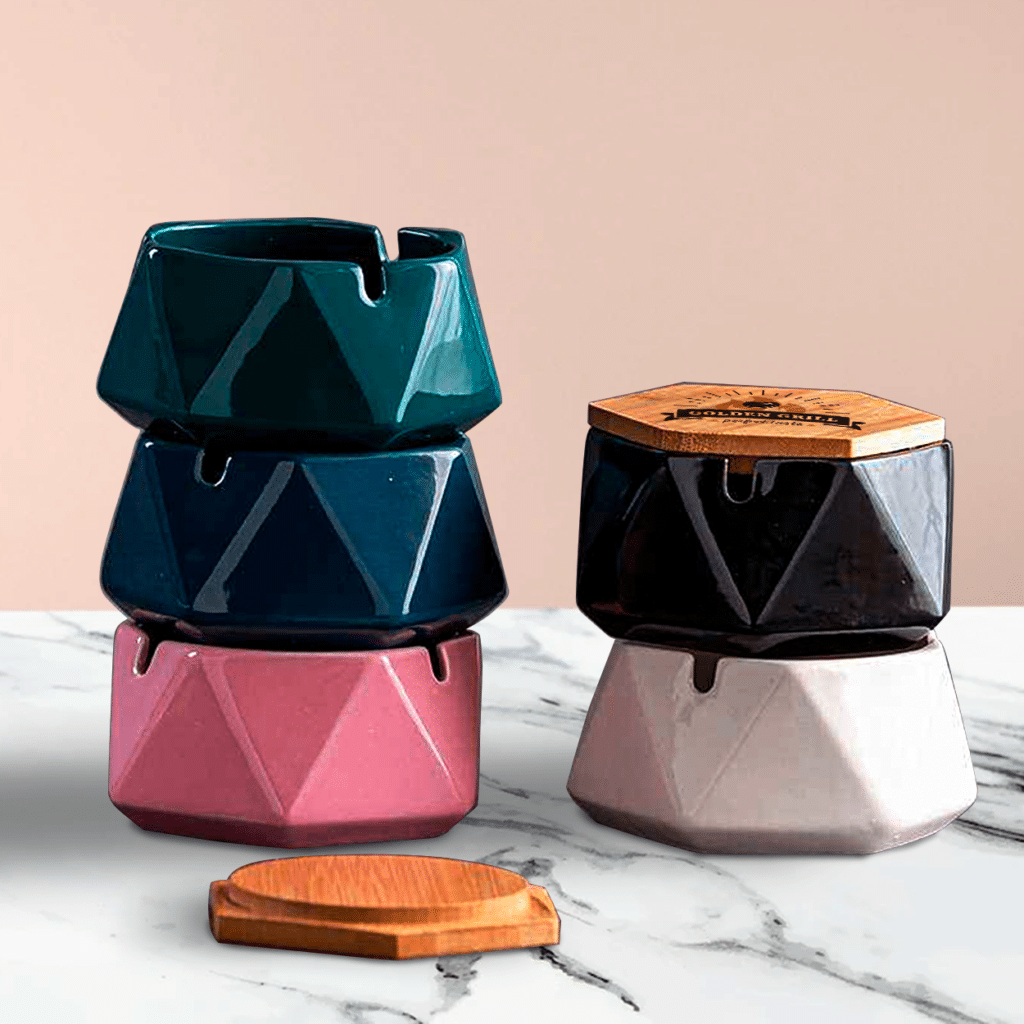 A custom polygon ashtray shown with its secure and customizable lid.