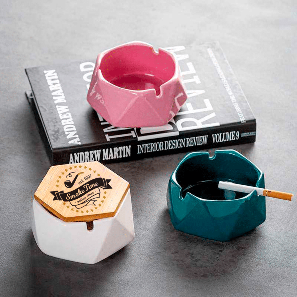 A custom polygon ashtray with a unique geometric shape.
