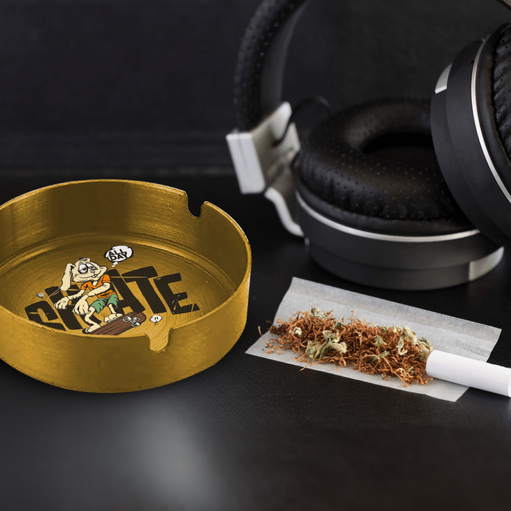 A custom stainless steel ashtray, easy to clean, lightweight yet sturdy.