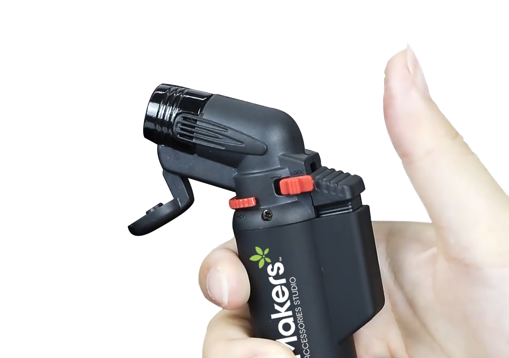 A close-up of the TorchIt lighter, emphasizing safety features.