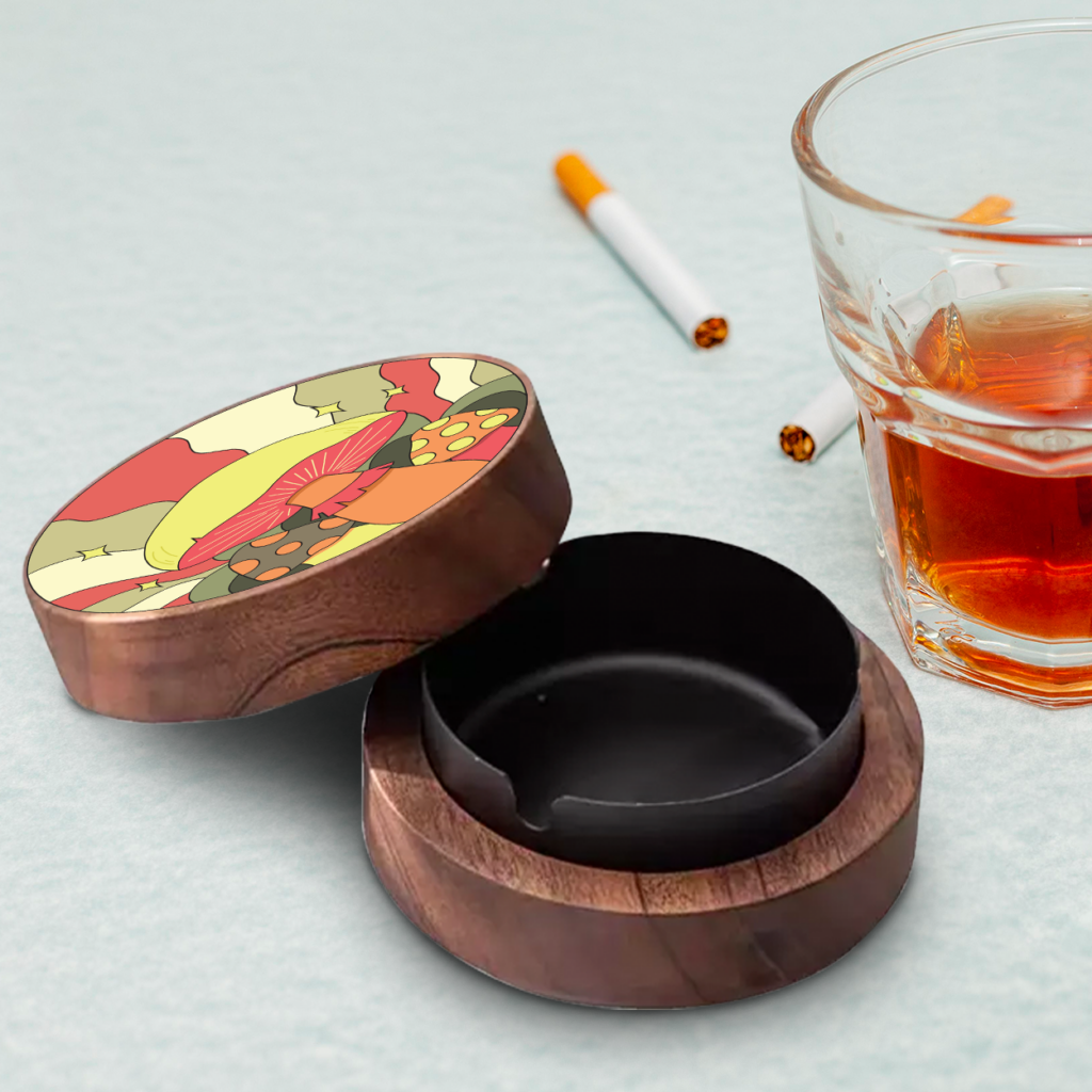 A portable wooden ashtray with a stylish cover.