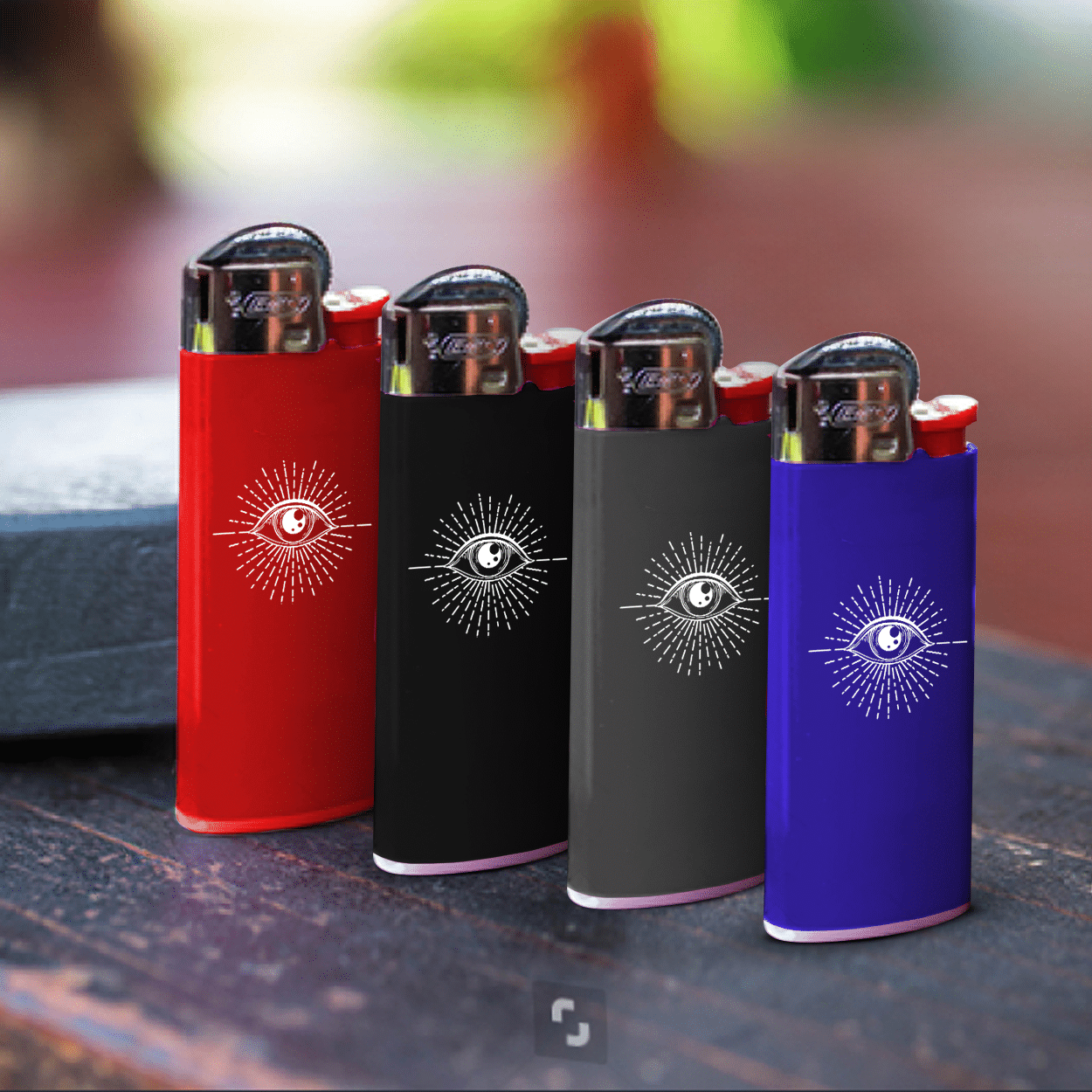Official BIC Lighters in assorted dark colors with custom white print.