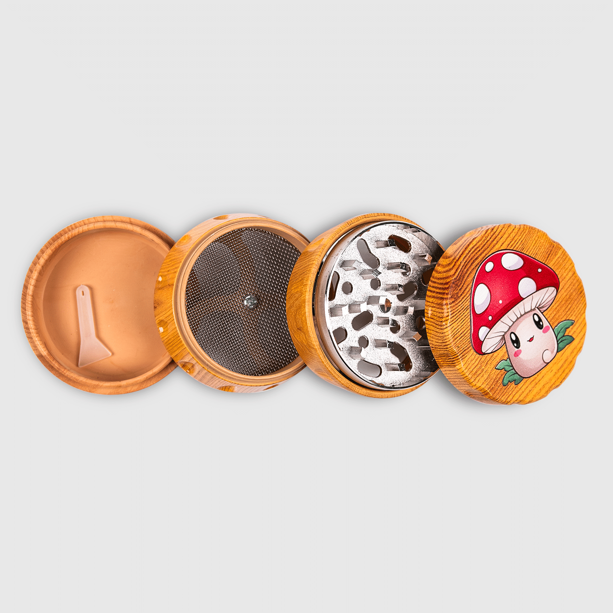 The four pieces of the wood texture grinder displayed to show the aluminum interior.
