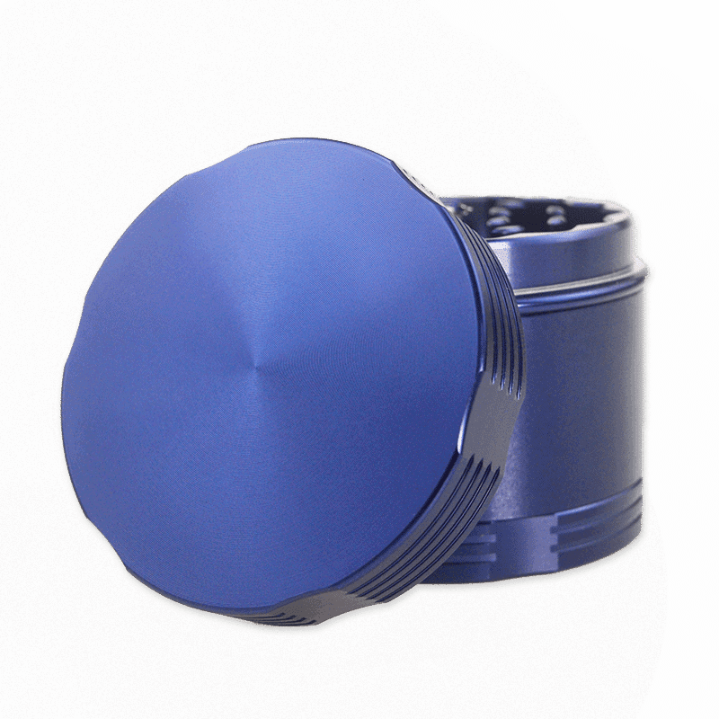 A custom-branded blue grinder showing off its easy-to-grip ridged edges.