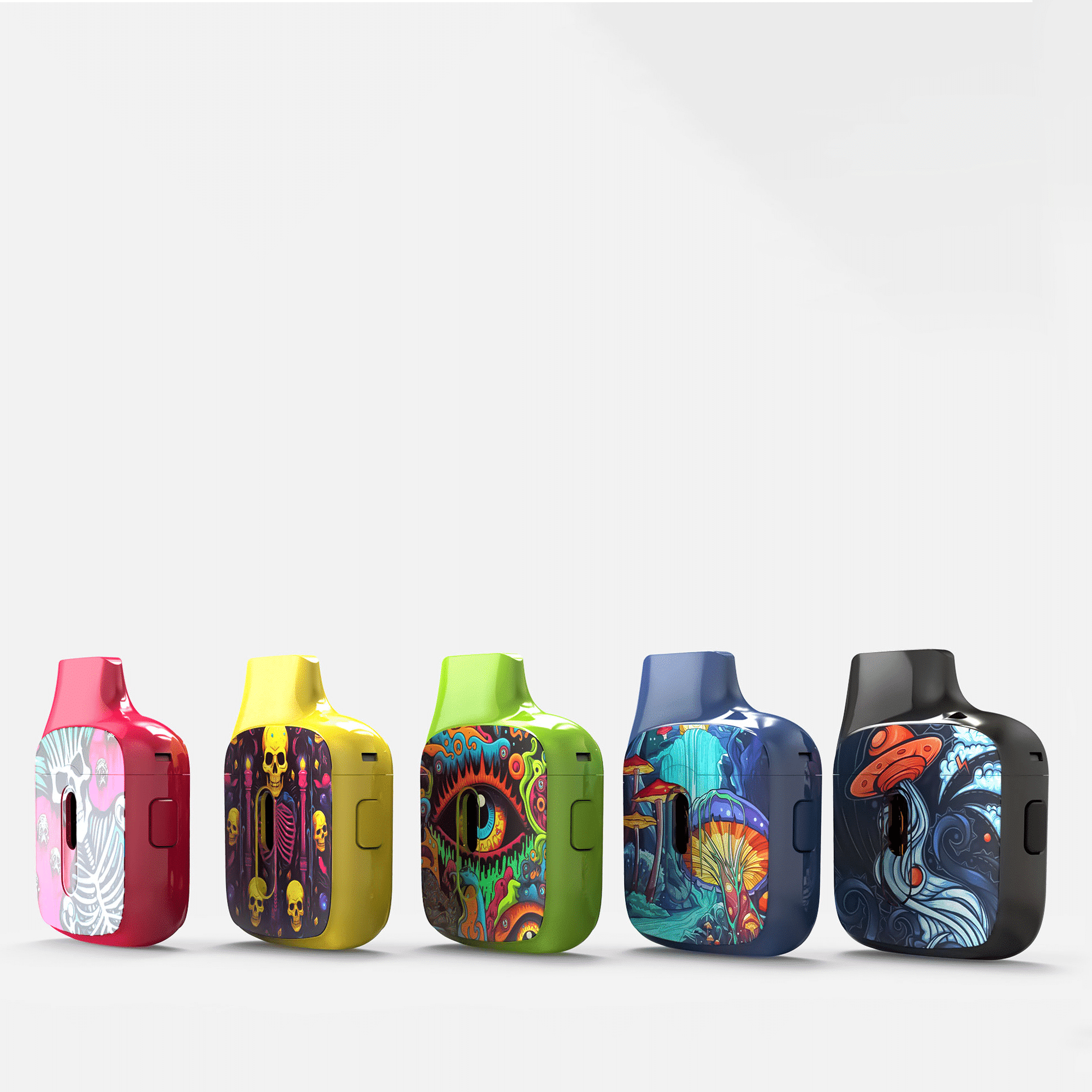 A collection of colorful Custom Whistle Vape Pens, demonstrating design options.