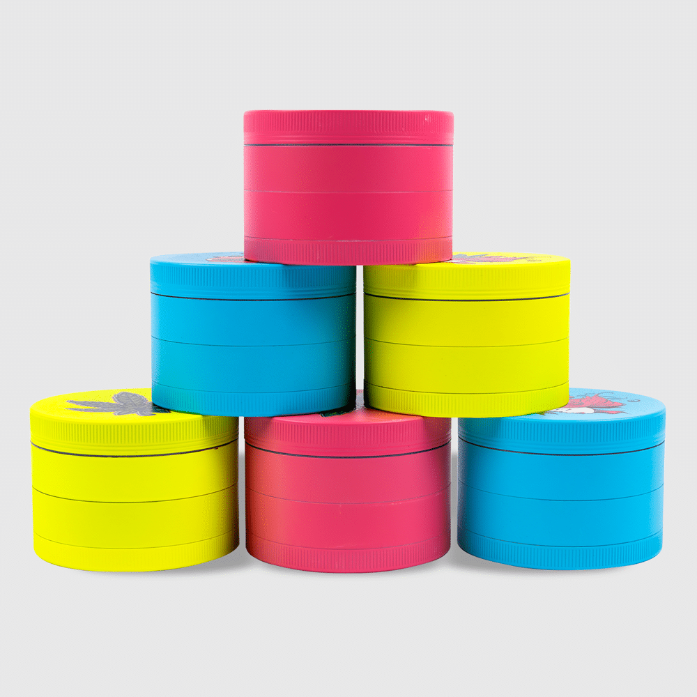 A stack of colorful custom grinders.