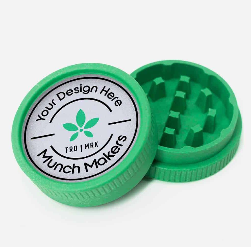 A custom hemp grinder with an eco-friendly sticker logo.