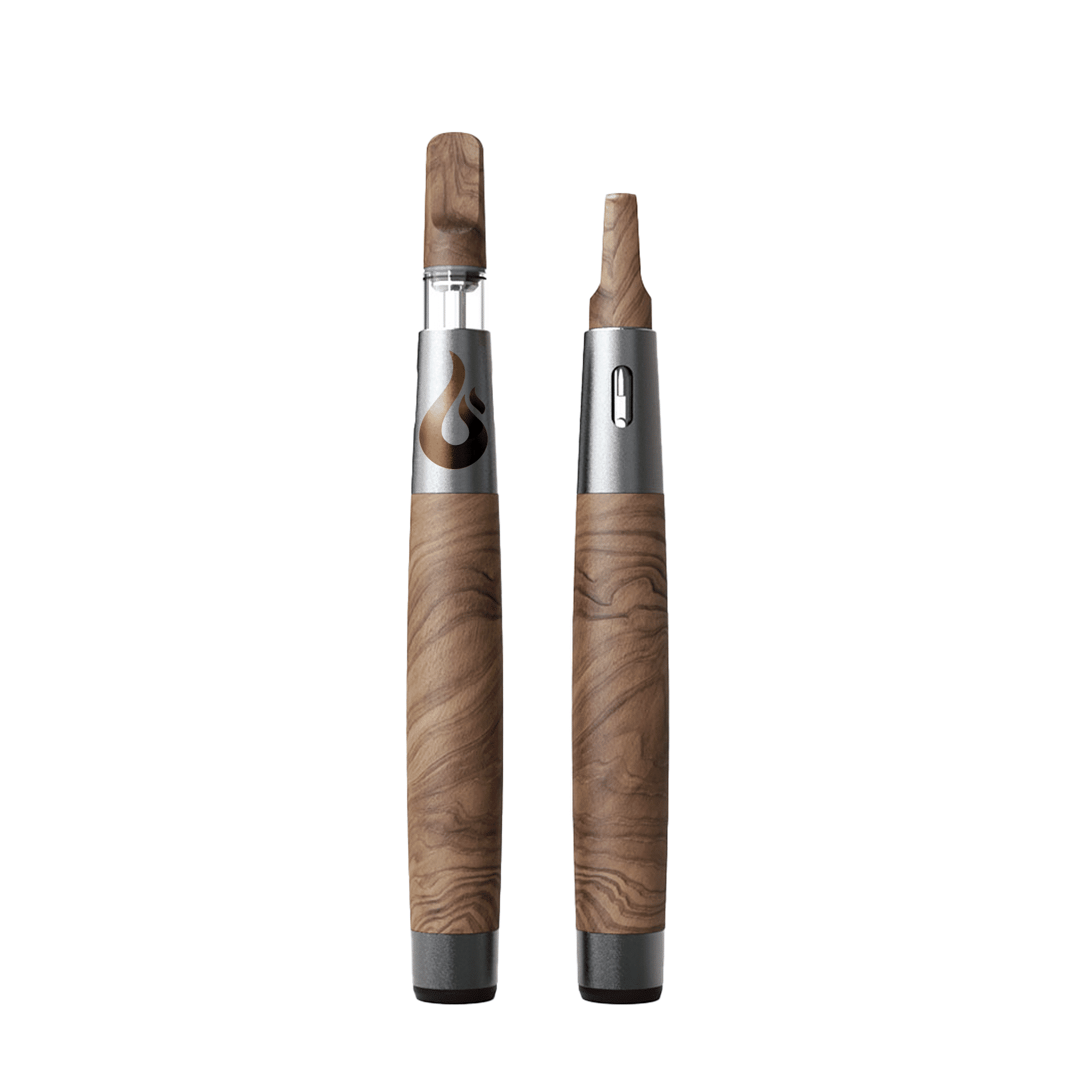 Close-up of Timberflow Wood Vape Pen showing woodgrain and metal sleeve.