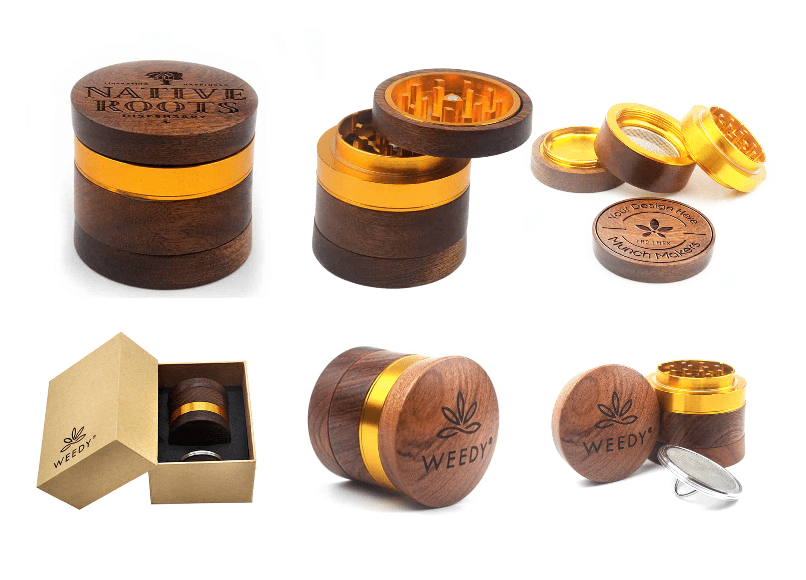 A collection of past projects showing custom designs on genuine wood grinders.
