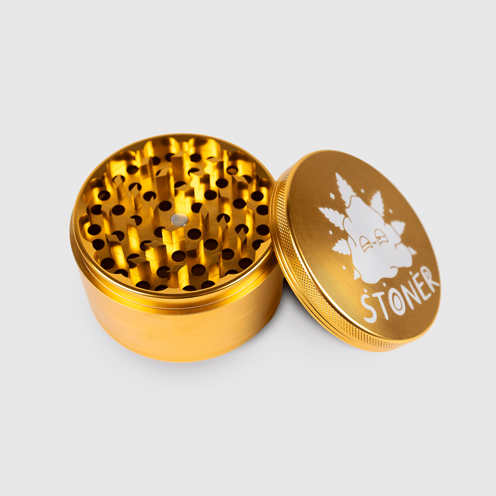 A custom logo engraved on the Gold Rush Grinder.