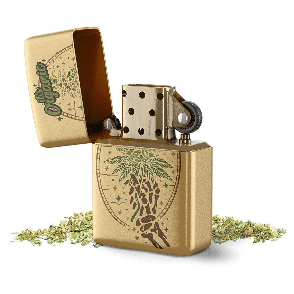A custom stainless steel lighter with a gold finish and palm tree design.
