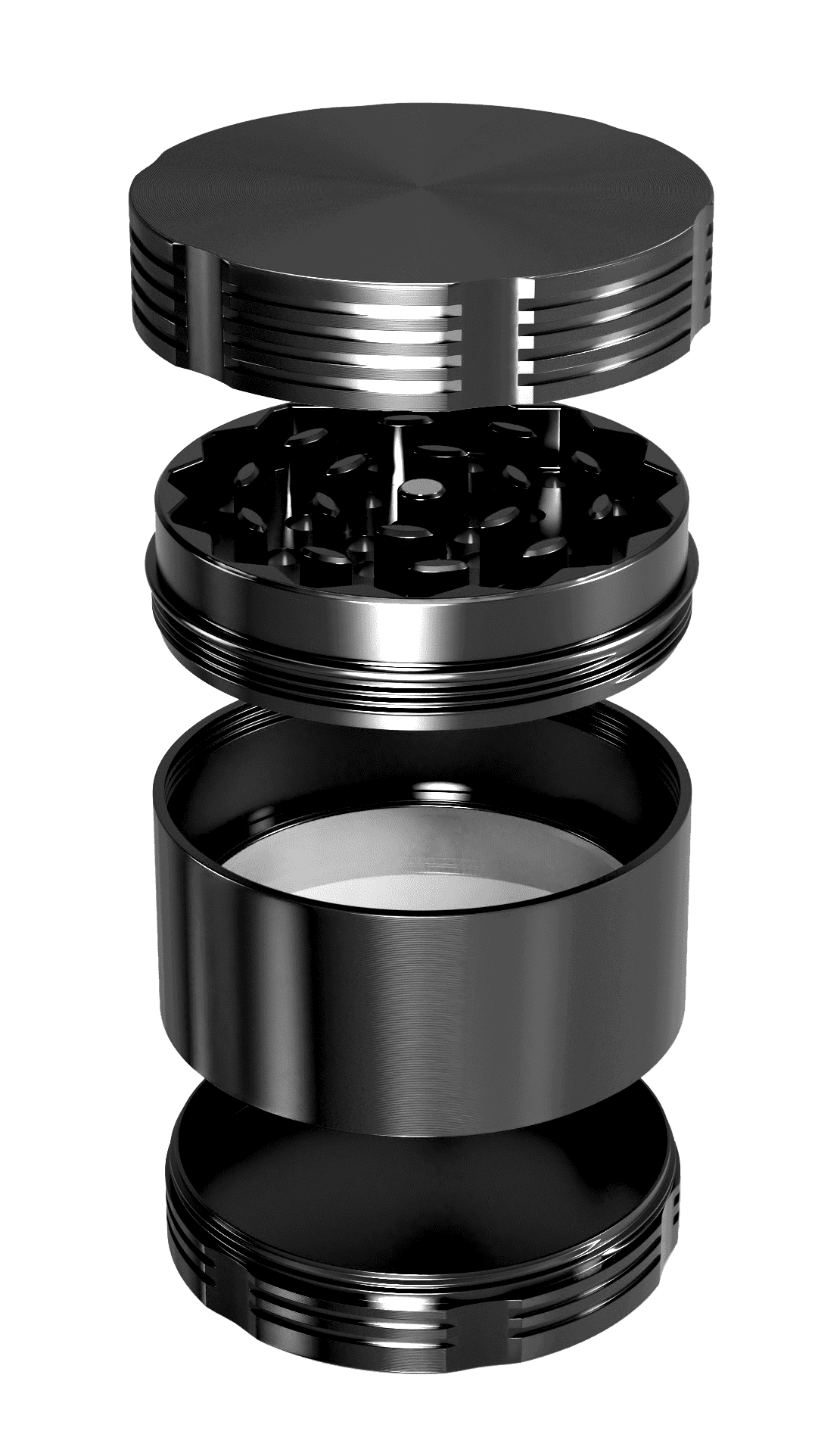 A diagram showing the four pieces of the Titan grinder: top chamber, grinding chamber, pollen catcher, and bottom chamber.