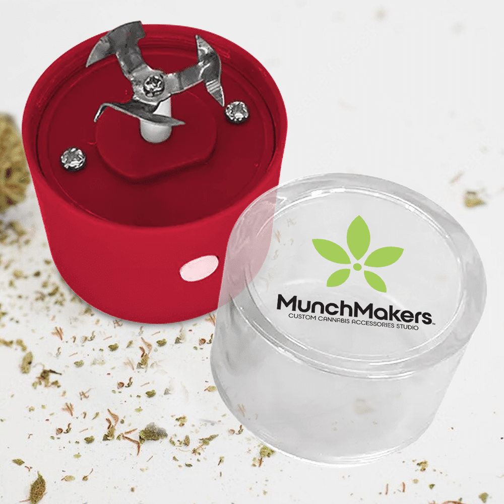 A red custom electric herb grinder from MunchMakers.