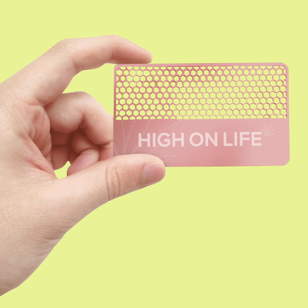 A custom grinder card with 'High on Life' design, your go-to solution.