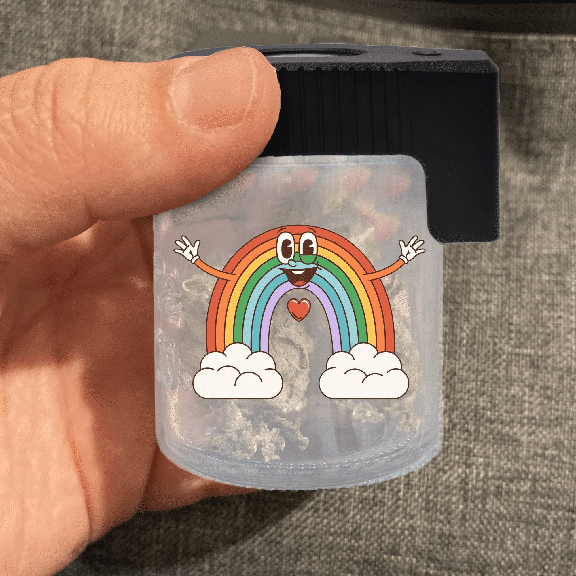 A custom magnify light up jar showcasing its 10x magnification lid and specs.