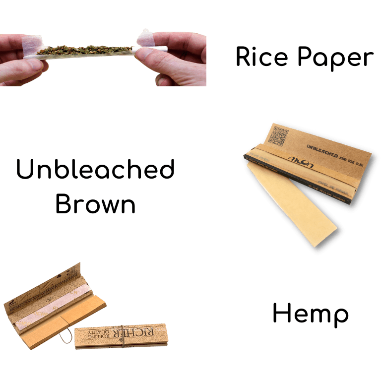 Different types of rolling papers available: white, brown, and hemp.
