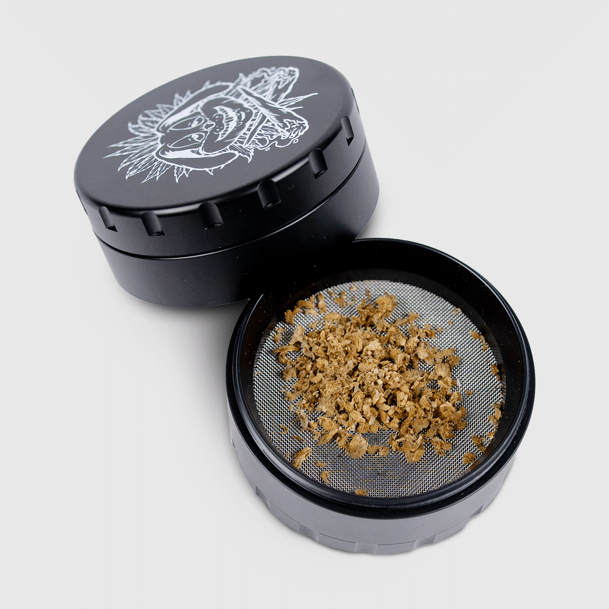 A heavy-duty chrome grinder in a promotional setting.