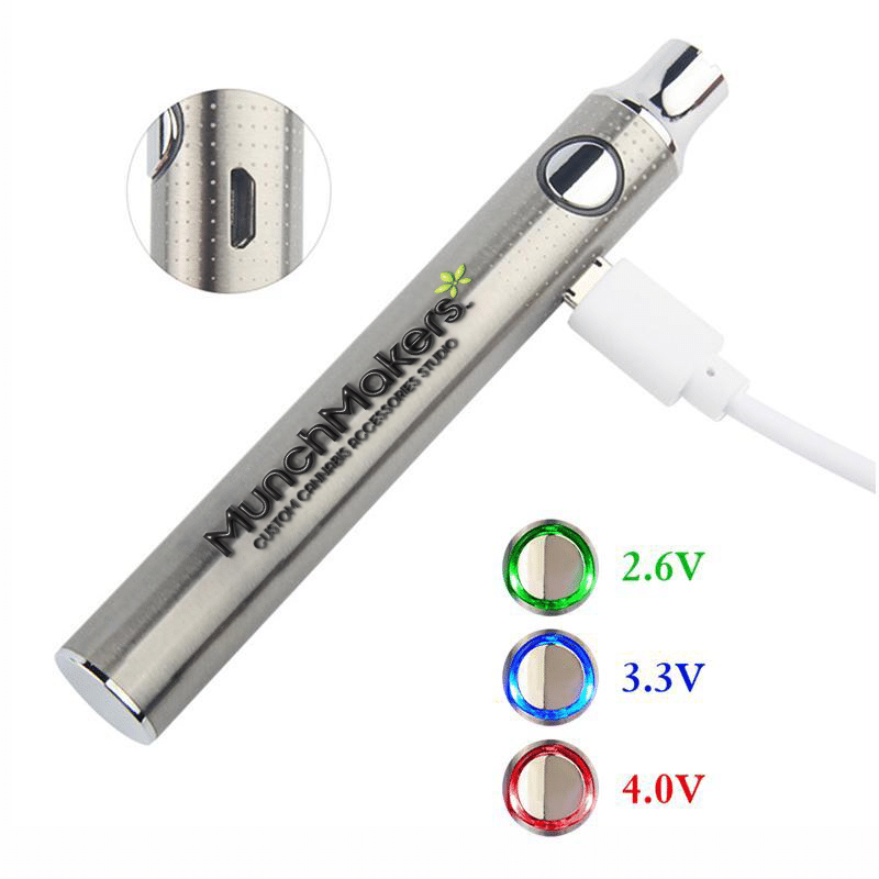 UGO V3 vape pen battery showing adjustable voltage levels and USB-C charger.